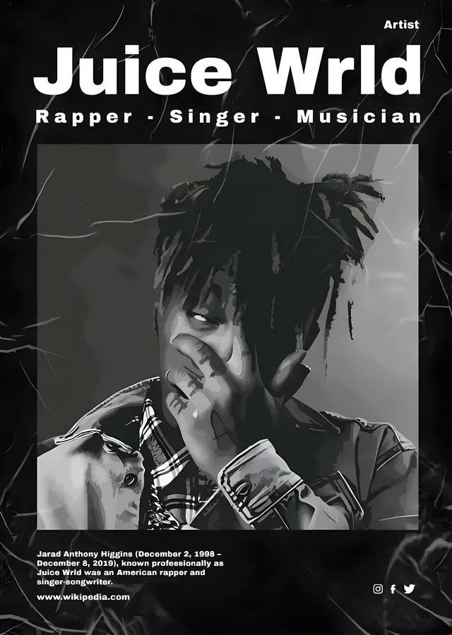 Juice WRLD - Siyah Beyaz Künye Portre metal tablo