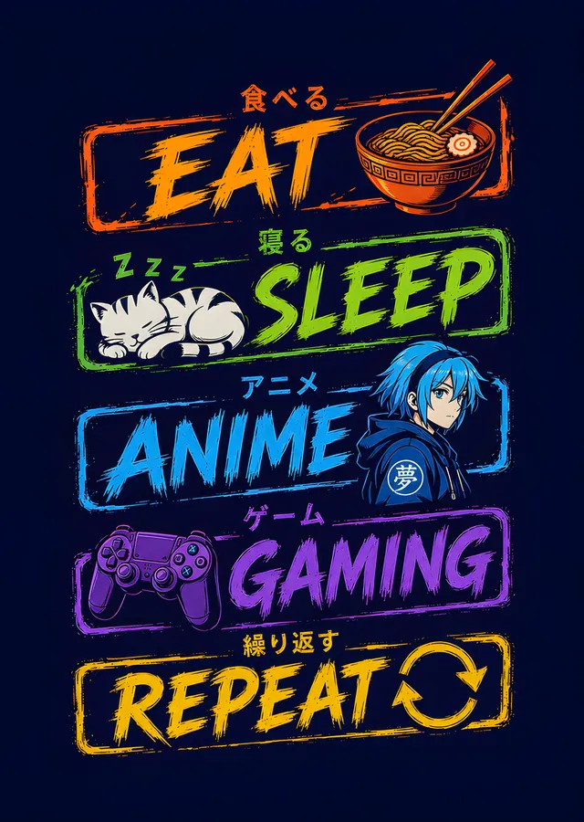 Eat Sleep Anime Gaming Repeat: Lacivert Zemin metal tablo
