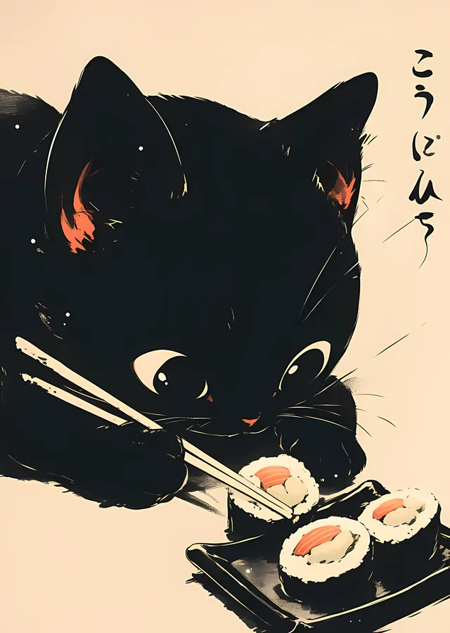 Suşi Yiyen Kara Kedi metal tablo