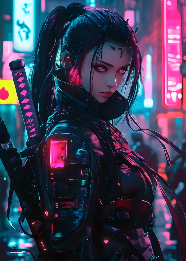 Neon Sokakta Katanalı Anime Figürü metal tablo