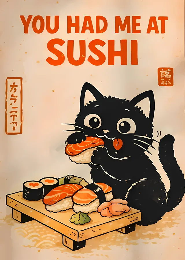 Suşi Yiyen Kedi - You Had Me At Sushi metal tablo