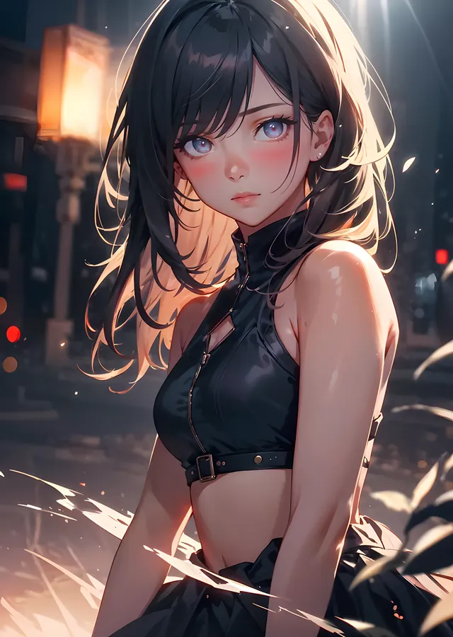 Siyah Bluzlu Anime Kız - Şehir Işıkları metal tablo