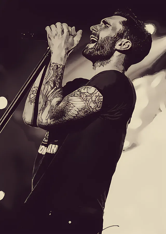 Adam Levine - Mikrofonda Siyah Beyaz metal tablo