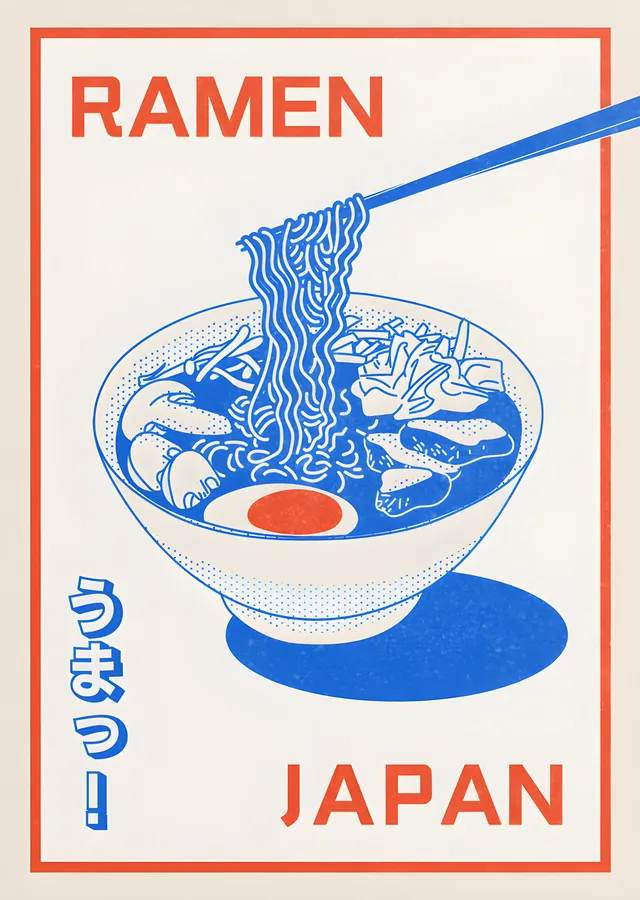 Ramen - Mavi Kırmızı Japon Afişi metal tablo