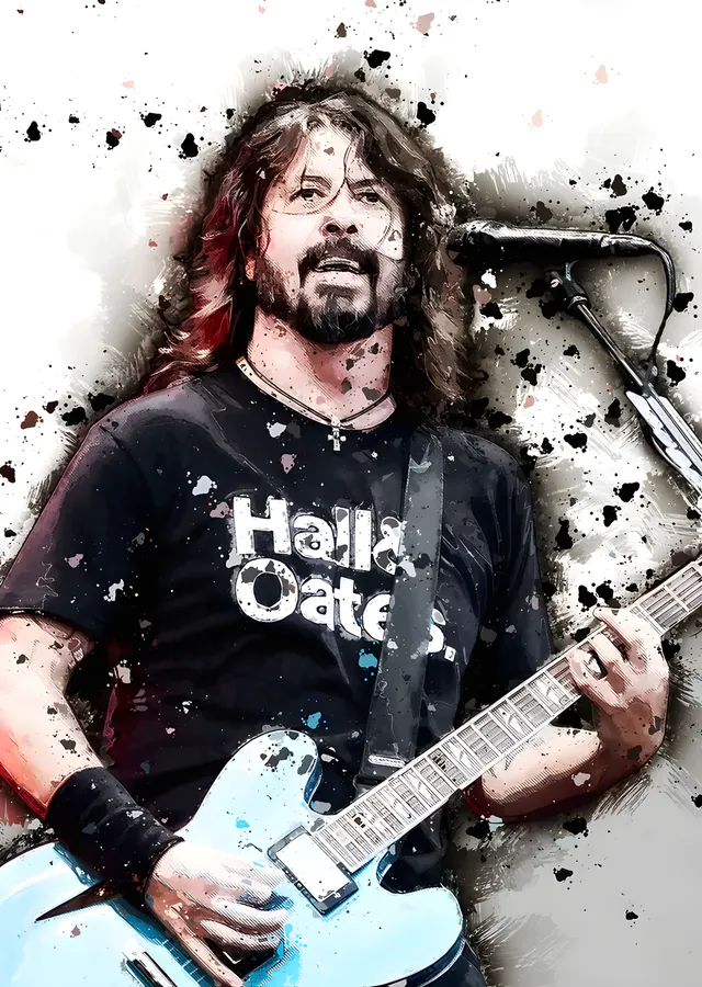 Dave Grohl - Beyaz Zeminde Sıçramalı Portre metal tablo