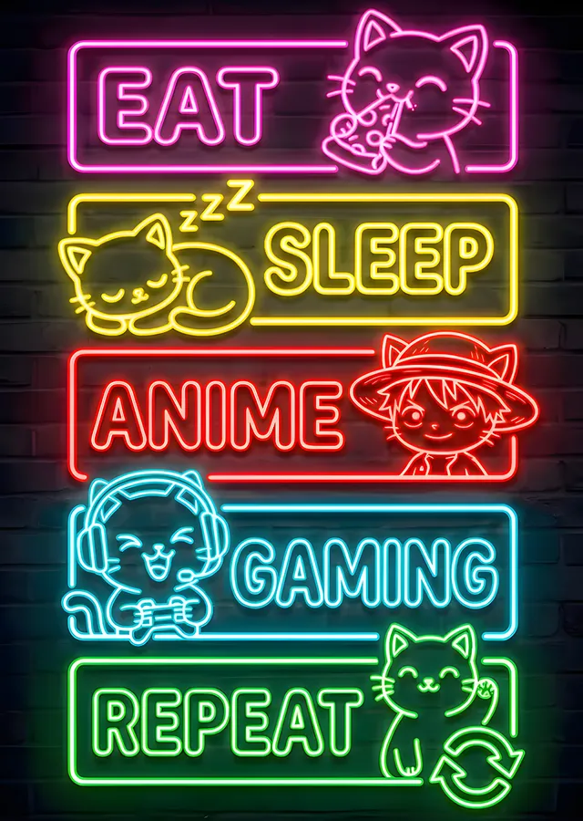 Eat Sleep Anime Gaming Repeat - Neon Tabela metal tablo