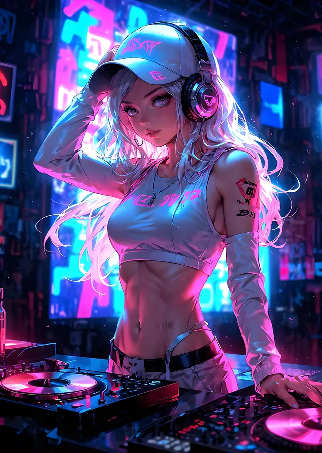 DJ Anime Kız - Neon Kulüp metal tablo