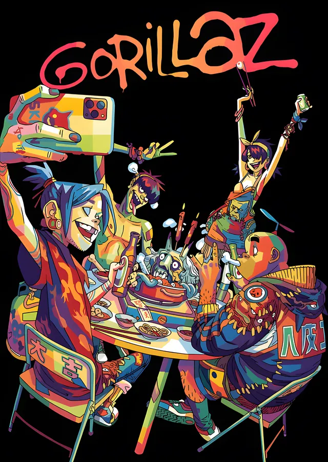 Gorillaz - Neon Sofra Selfie'si metal tablo