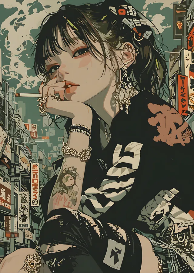 Tabelalı Sokakta Anime Portre metal tablo