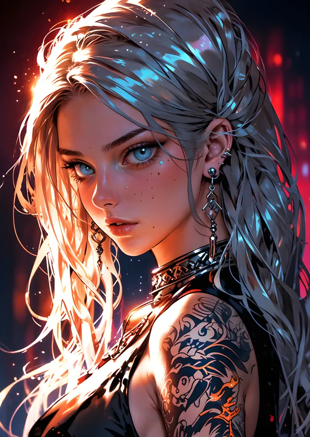 Gümüş Saçlı Dövmeli Anime Kız metal tablo