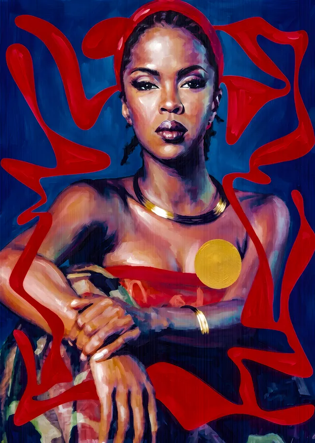 Lauryn Hill - Mavi Kırmızı Boyalı Portre metal tablo