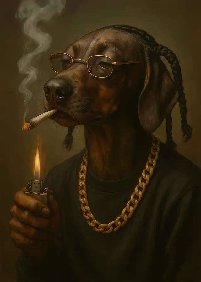 Gözlüklü Köpek - Altın Zincirli Portre metal tablo