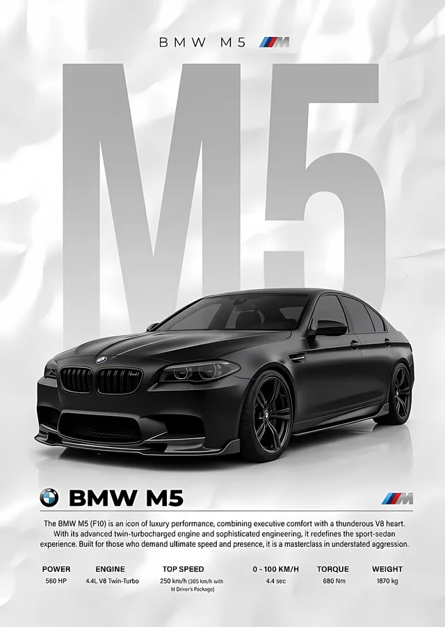 BMW M5 F10 · Beyaz Zeminde Mat Siyah metal tablo