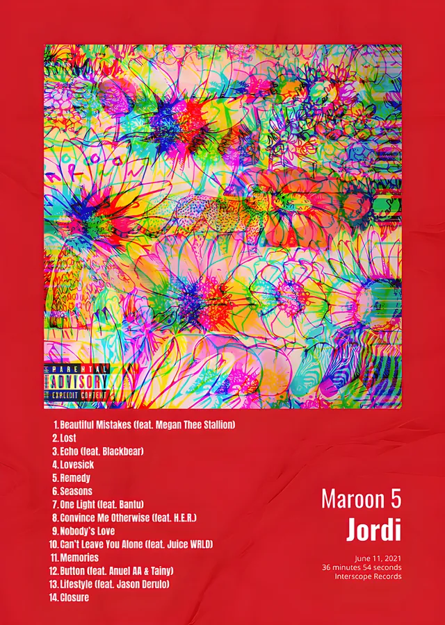 Maroon 5 - Jordi Şarkı Listesi metal tablo
