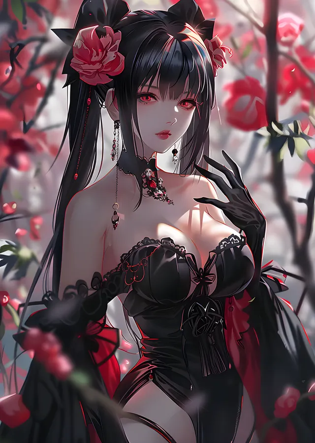 Kiraz Çiçekli Gotik Anime Karakteri metal tablo
