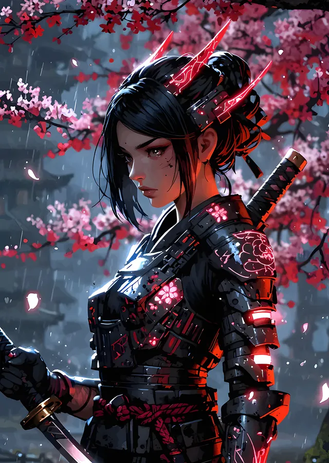 Kiraz Dallarının Altında Zırhlı Anime Figürü metal tablo