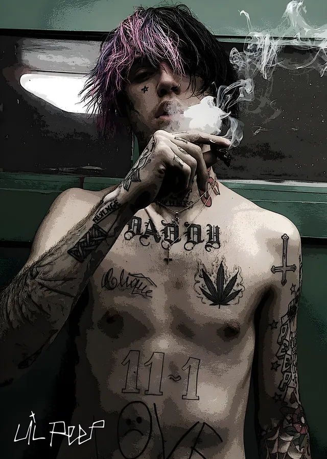Lil Peep - Duman İçinde Dövmeli Portre metal tablo