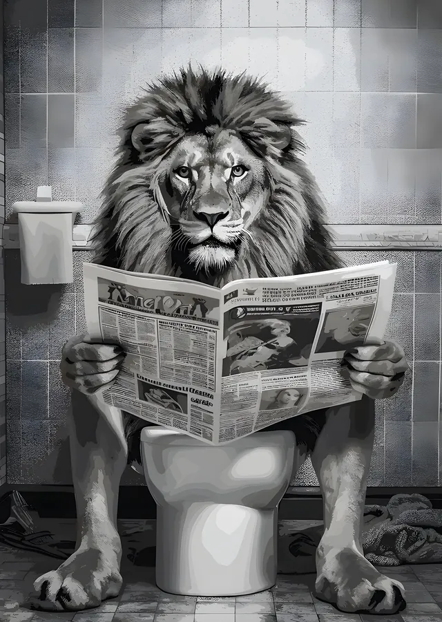 Tuvalette Gazete Okuyan Aslan metal tablo