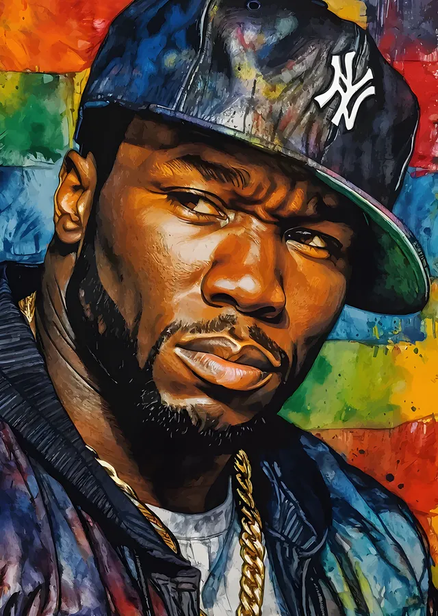 50 Cent - Renkli Zeminde Boyalı Portre metal tablo