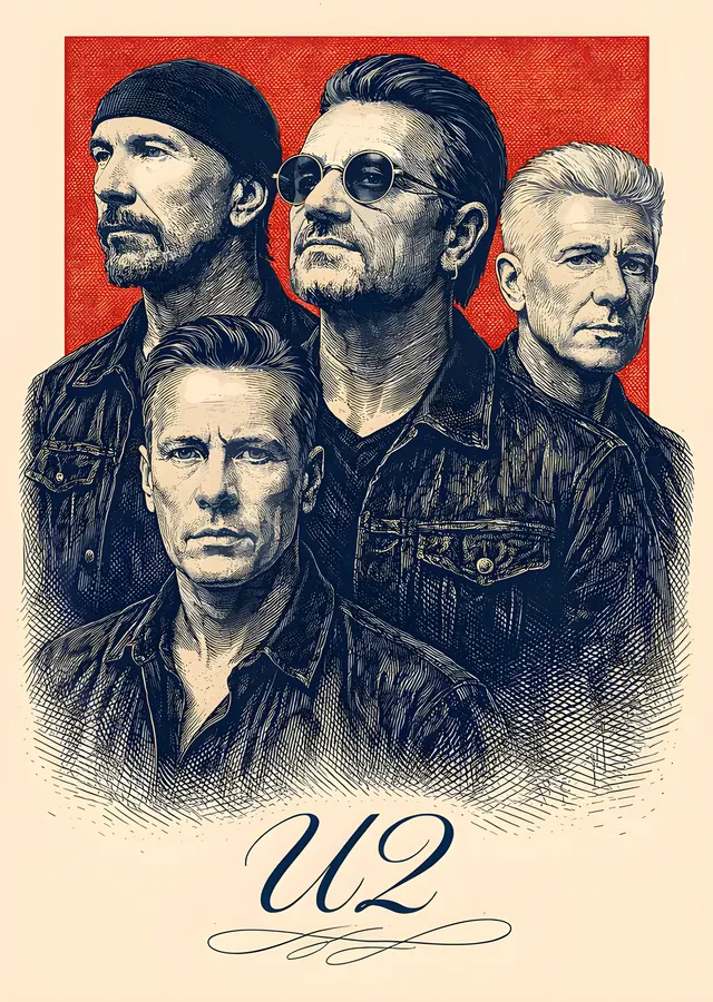U2 - Krem Zeminde Gravür Karesi metal tablo