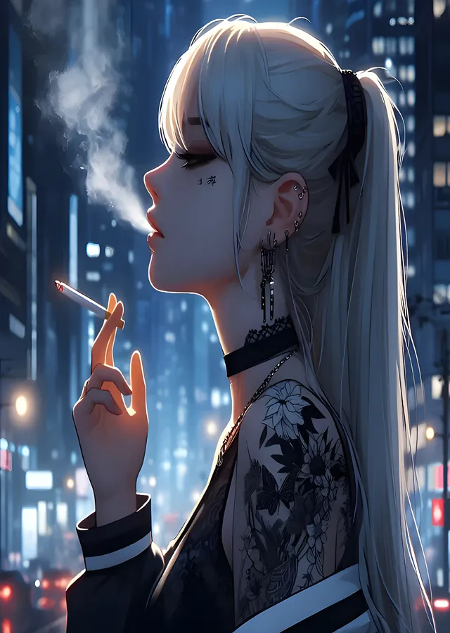 Neon Şehirde Beyaz Saçlı Anime Portre metal tablo