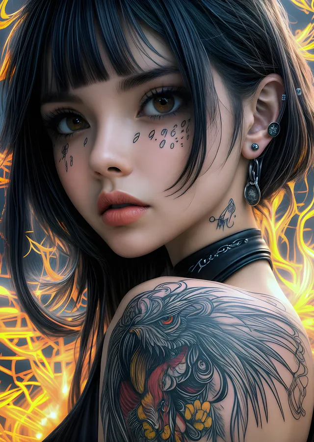 Sarı Neon Işıkta Dövmeli Anime Portre metal tablo