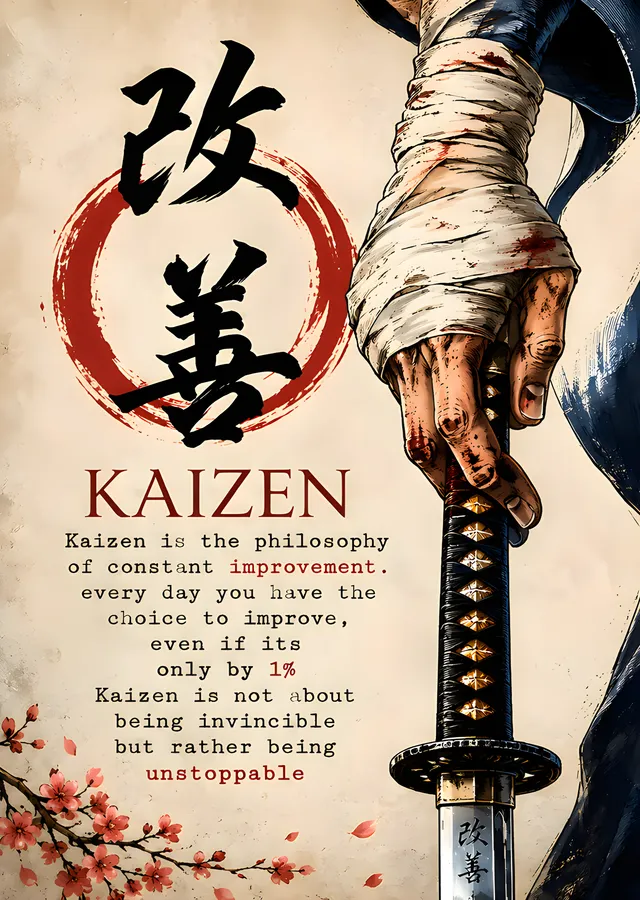 Kaizen - Sargılı Elde Katana metal tablo