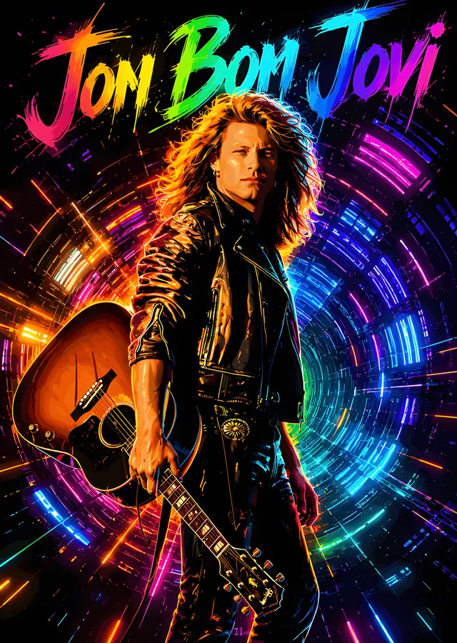 Jon Bon Jovi - Neon Halkalı Gitar Portresi metal tablo