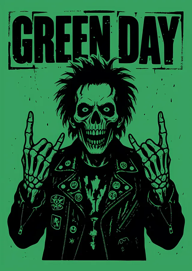 Green Day - Deri Ceketli İskelet metal tablo