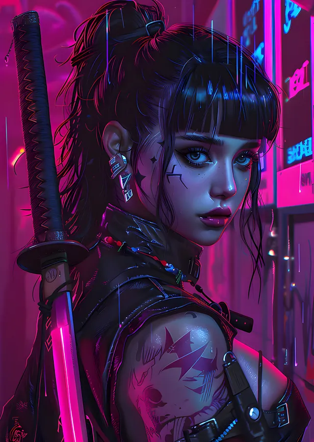 Neon Sokakta Katanalı Anime Portre metal tablo