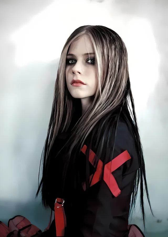 Avril Lavigne - Kırmızı Çarpılı Koyu Portre metal tablo