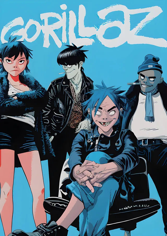 Gorillaz - Mavi Fon Grup Portresi metal tablo