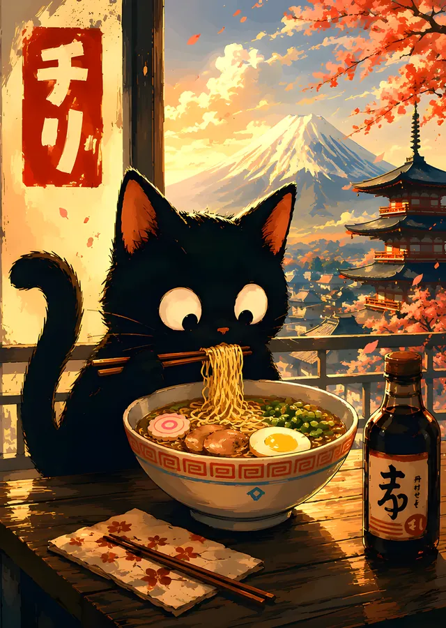 Fuji Manzarasında Ramen Yiyen Kedi metal tablo