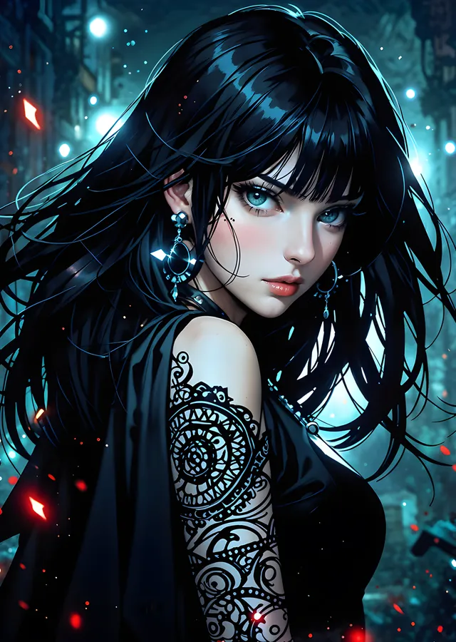Gece Işıklarında Dövmeli Anime Portre metal tablo
