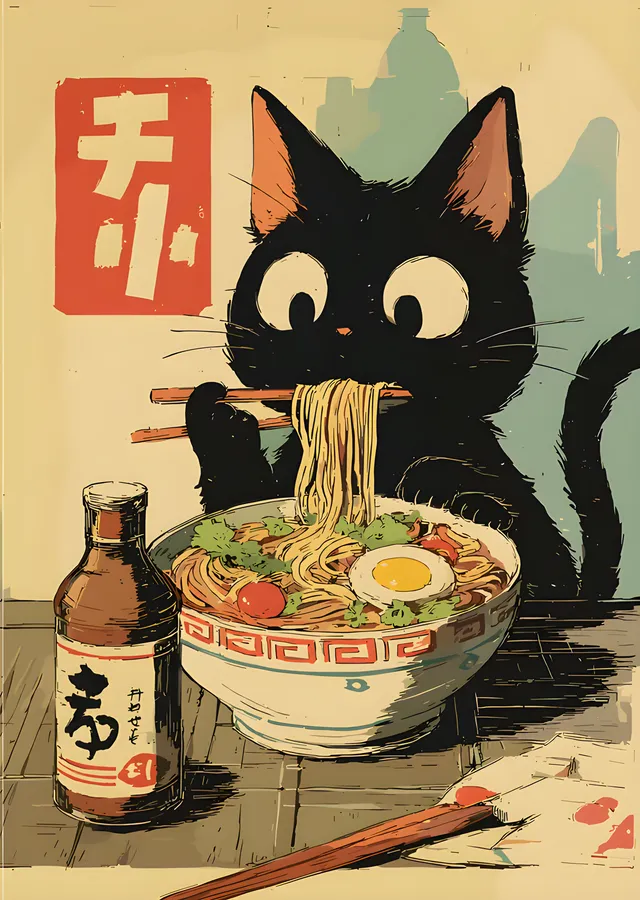 Ramen Yiyen Kedi - Retro Baskı metal tablo