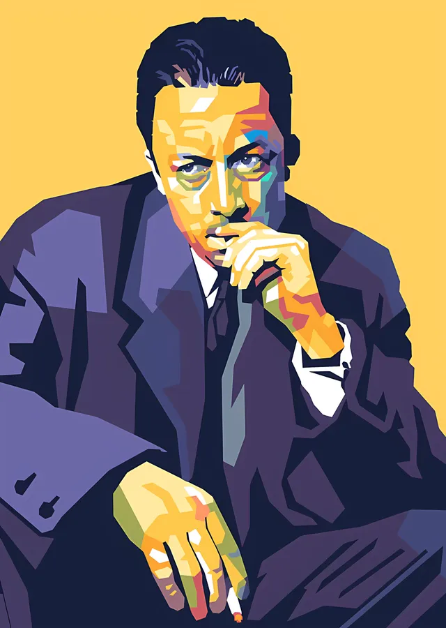 Albert Camus Hardal Sarısı Portre metal tablo