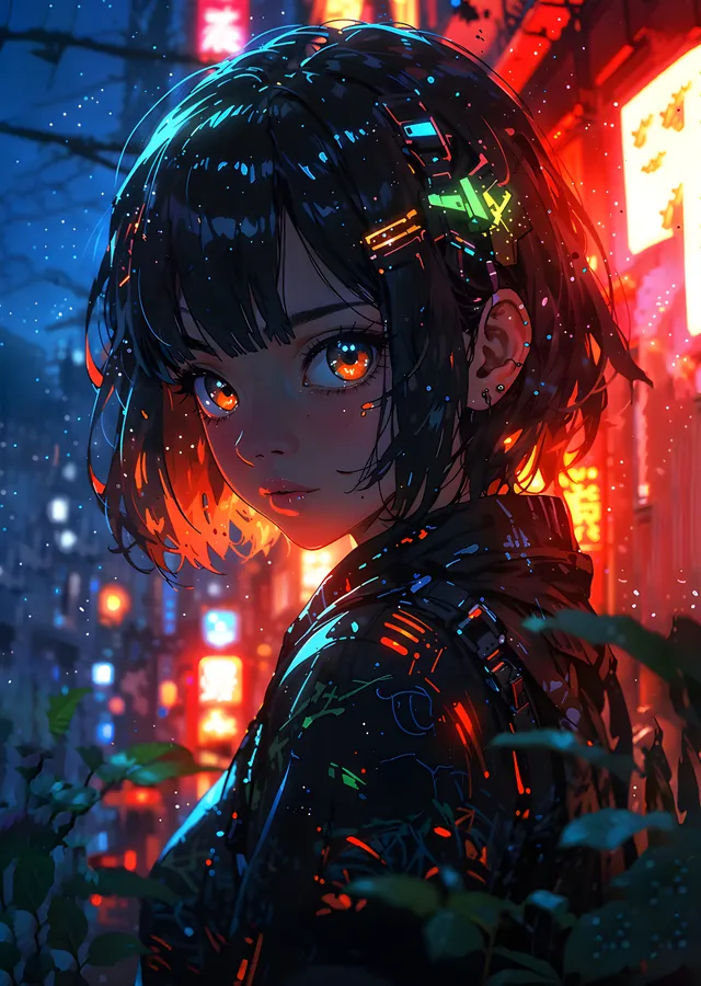 Neon Sokakta Yeşil Vurgulu Anime Portre metal tablo