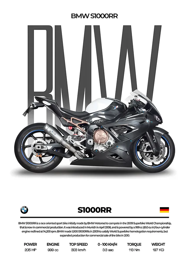 BMW S1000RR - Beyaz Zeminde Yan Profil metal tablo