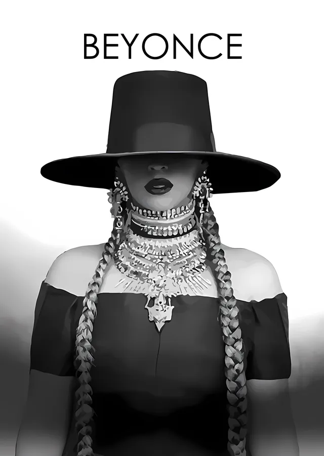 Beyoncé - Beyaz Zeminde Şapkalı Portre metal tablo