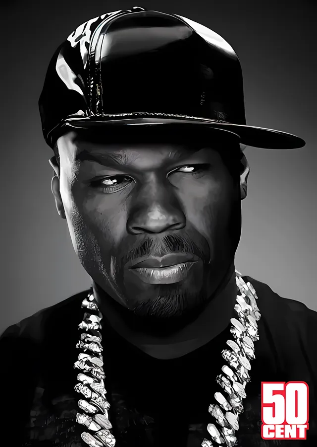 50 Cent - Siyah Beyaz Zincirli Portre metal tablo