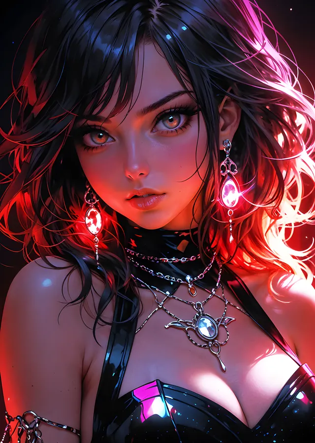 Işıklı Küpeli Anime Kız - Kırmızı Neon metal tablo