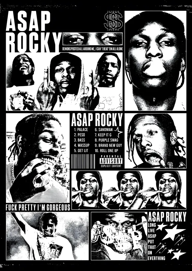 ASAP Rocky - Siyah Beyaz Kolaj Afişi metal tablo
