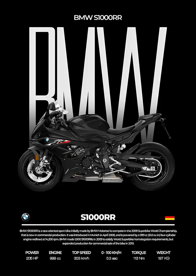 BMW S1000RR - Siyah Zeminde Karbon Gövde metal tablo