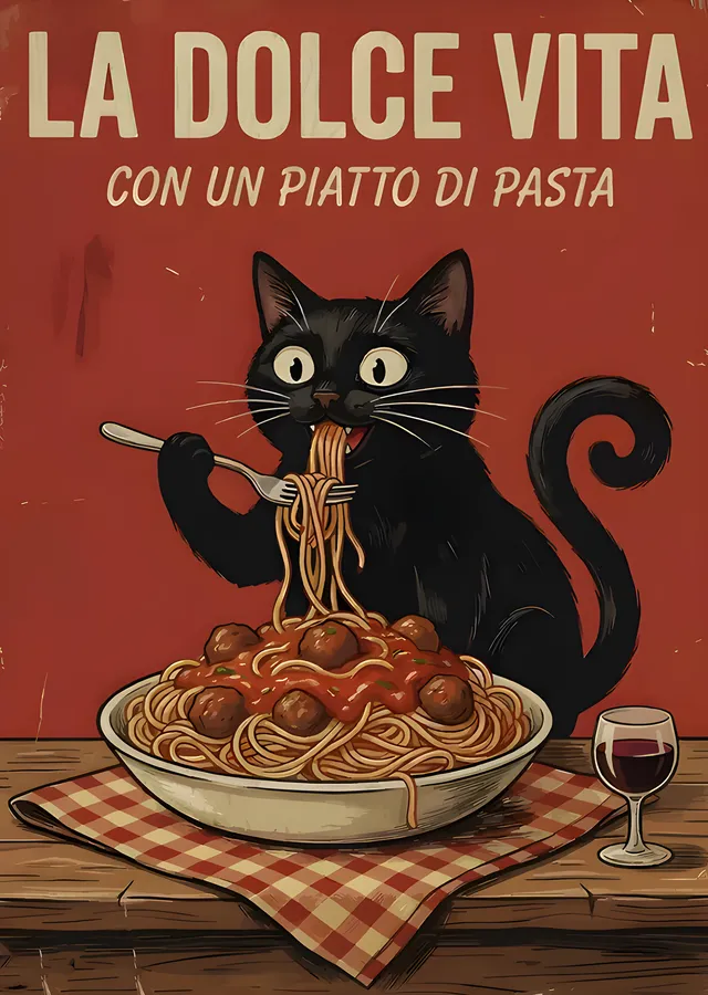 La Dolce Vita - Makarna Yiyen Kedi metal tablo
