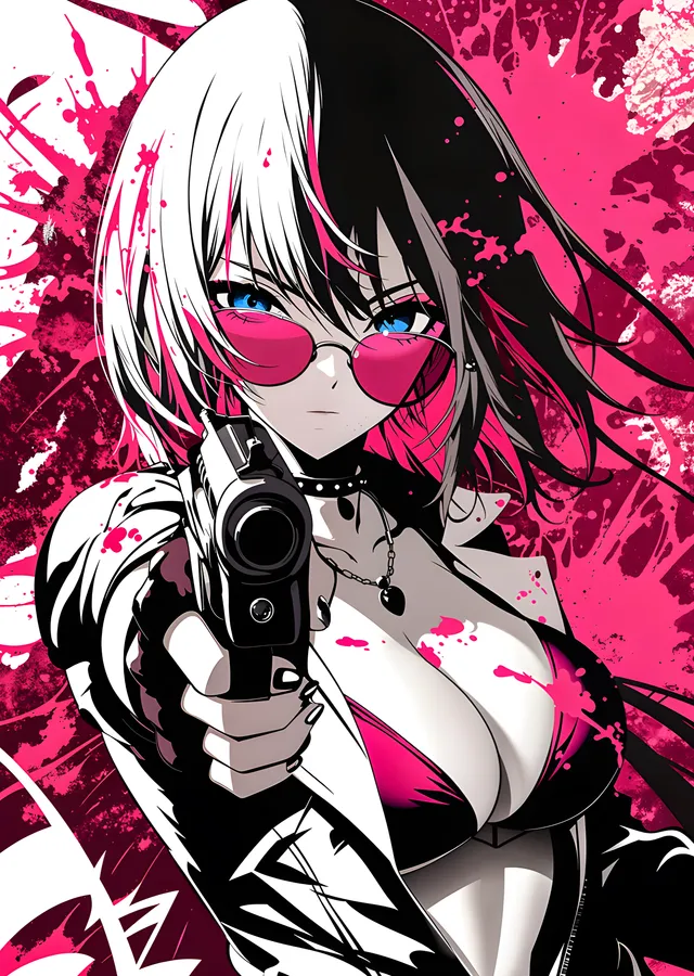 Pembe Gözlüklü Silahlı Anime Kız metal tablo