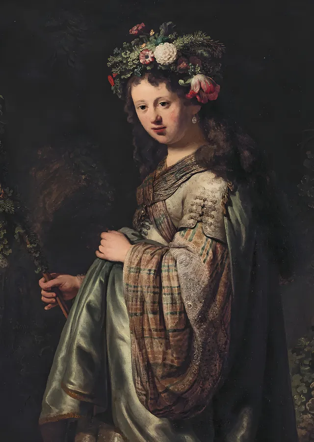 Flora - Çiçek Taçlı Saskia - Rembrandt metal tablo