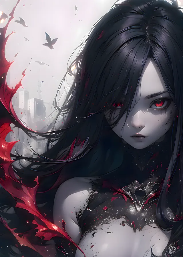 Kırmızı Gözlü Gotik Anime Portre metal tablo