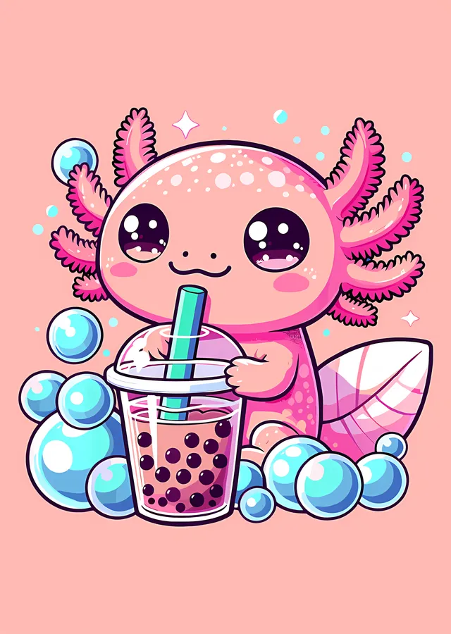 Bubble Tea İçen Aksolot metal tablo