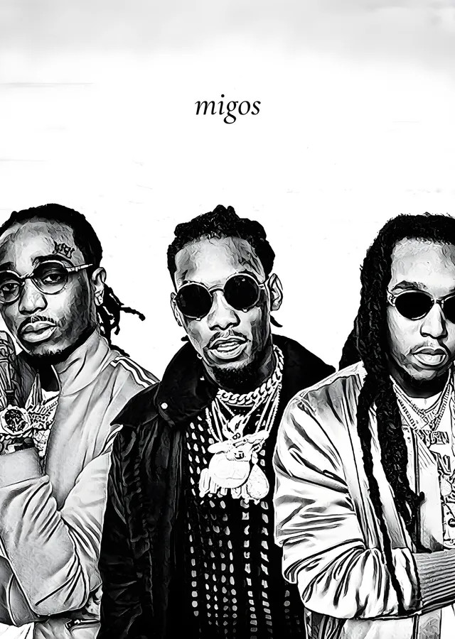Migos - Beyaz Zeminde Siyah Beyaz Üçlü metal tablo