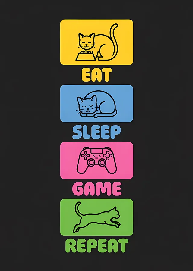 Eat Sleep Game Repeat - Kedi İkonları metal tablo